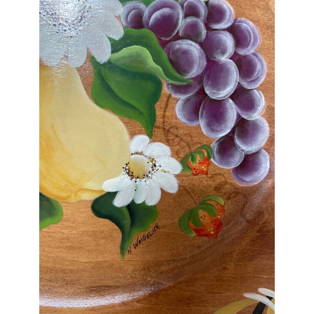 Vintage Retro Hand-painted Floral Fruit Plate signed by artist 14" Cottage Core - Picture 6 of 6